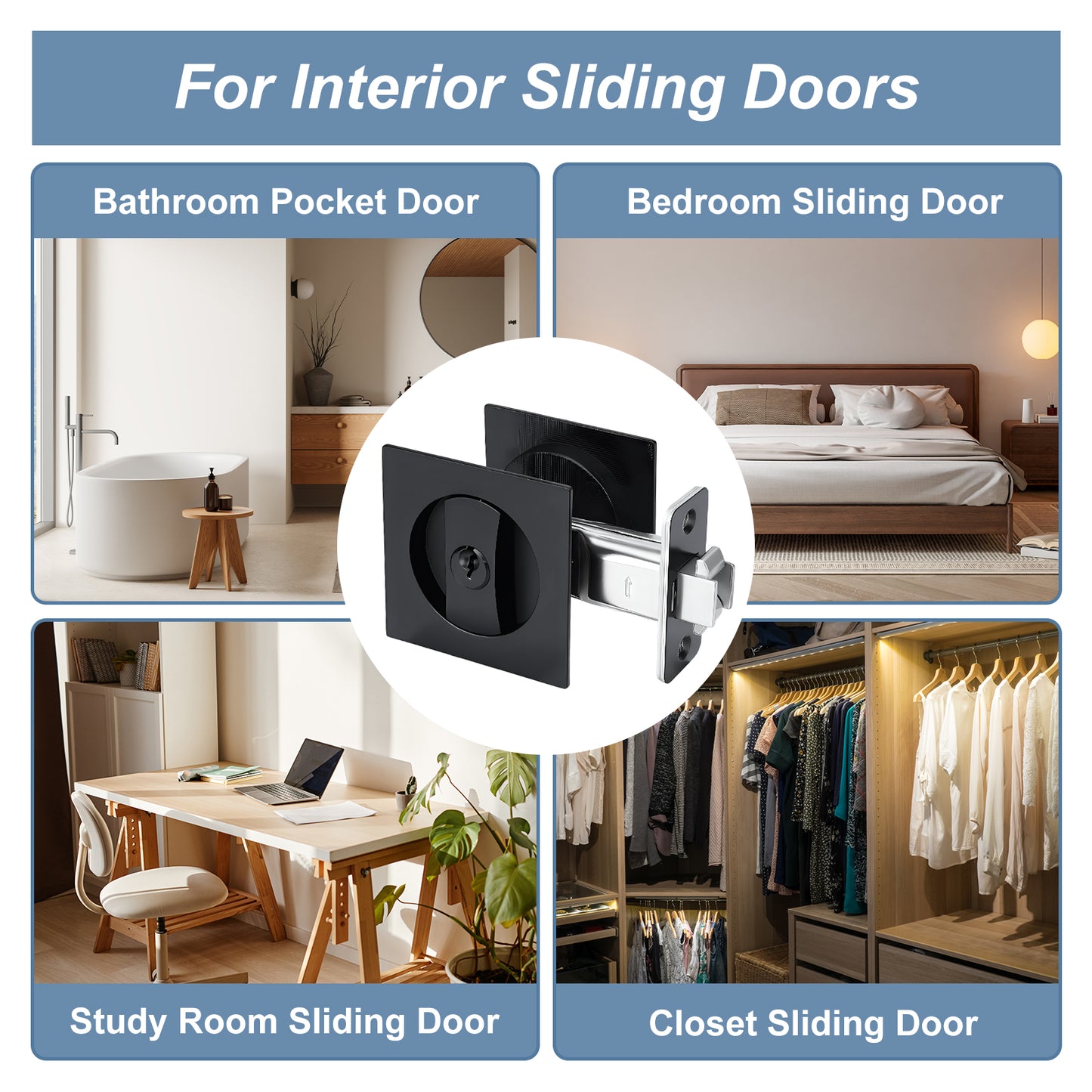 Collage of sliding door applications with a close-up of a black and silver door handle.