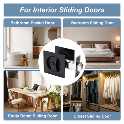 Collage of sliding door applications with a close-up of a black and silver door handle.