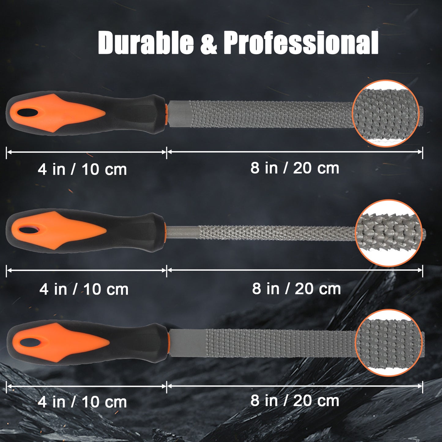 Set of three metal files with orange handles on a dark background, labeled 'Durable & Professional'.