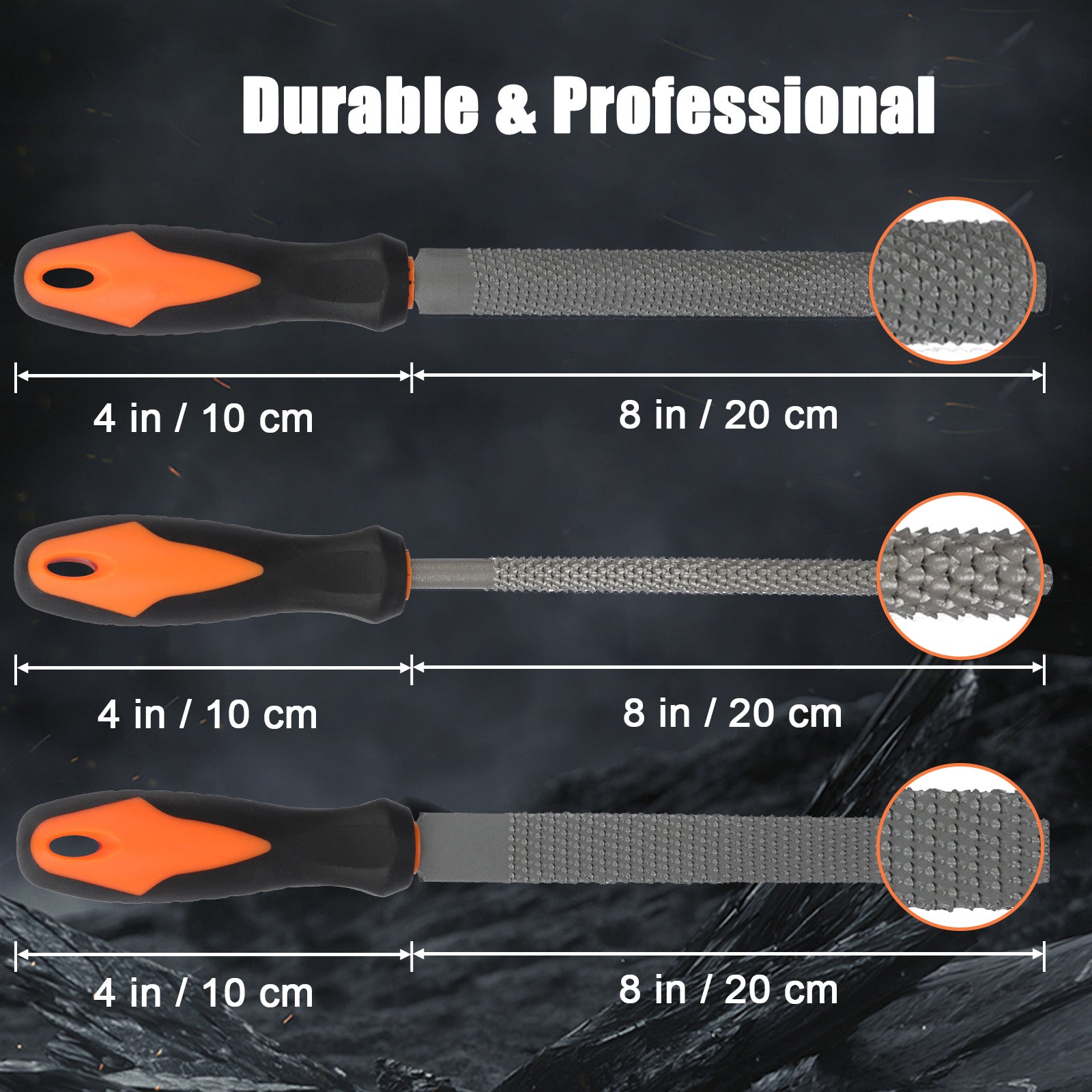 Set of three metal files with orange handles on a dark background, labeled 'Durable & Professional'.