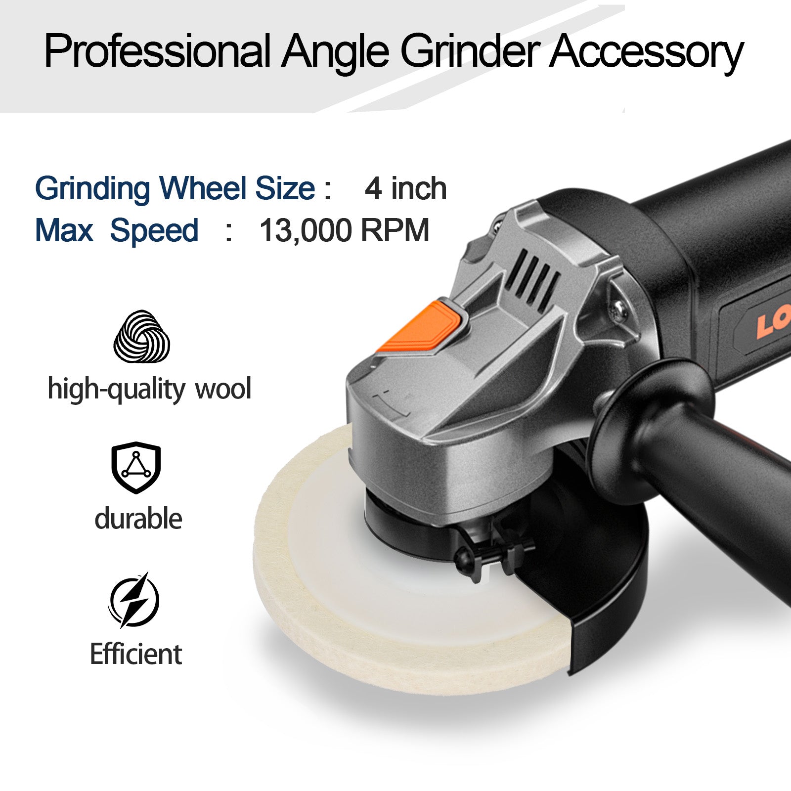 Professional angle grinder accessory with text detailing specifications and features on a white background