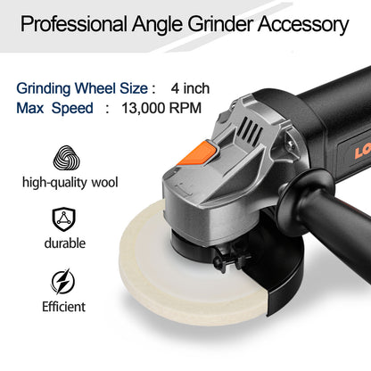 Professional angle grinder accessory with text detailing specifications and features on a white background