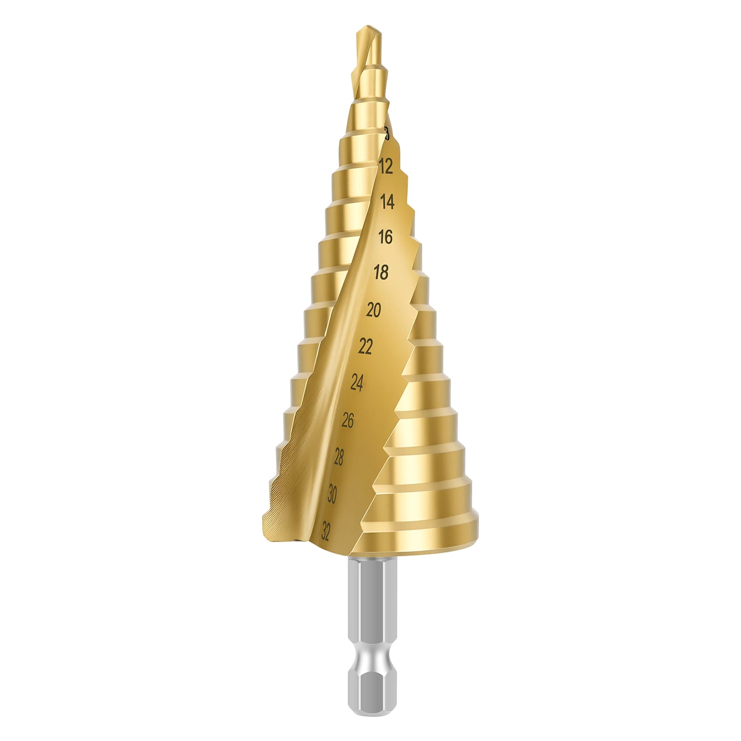 Gold step drill bit on a white background