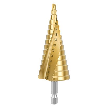 Gold step drill bit on a white background