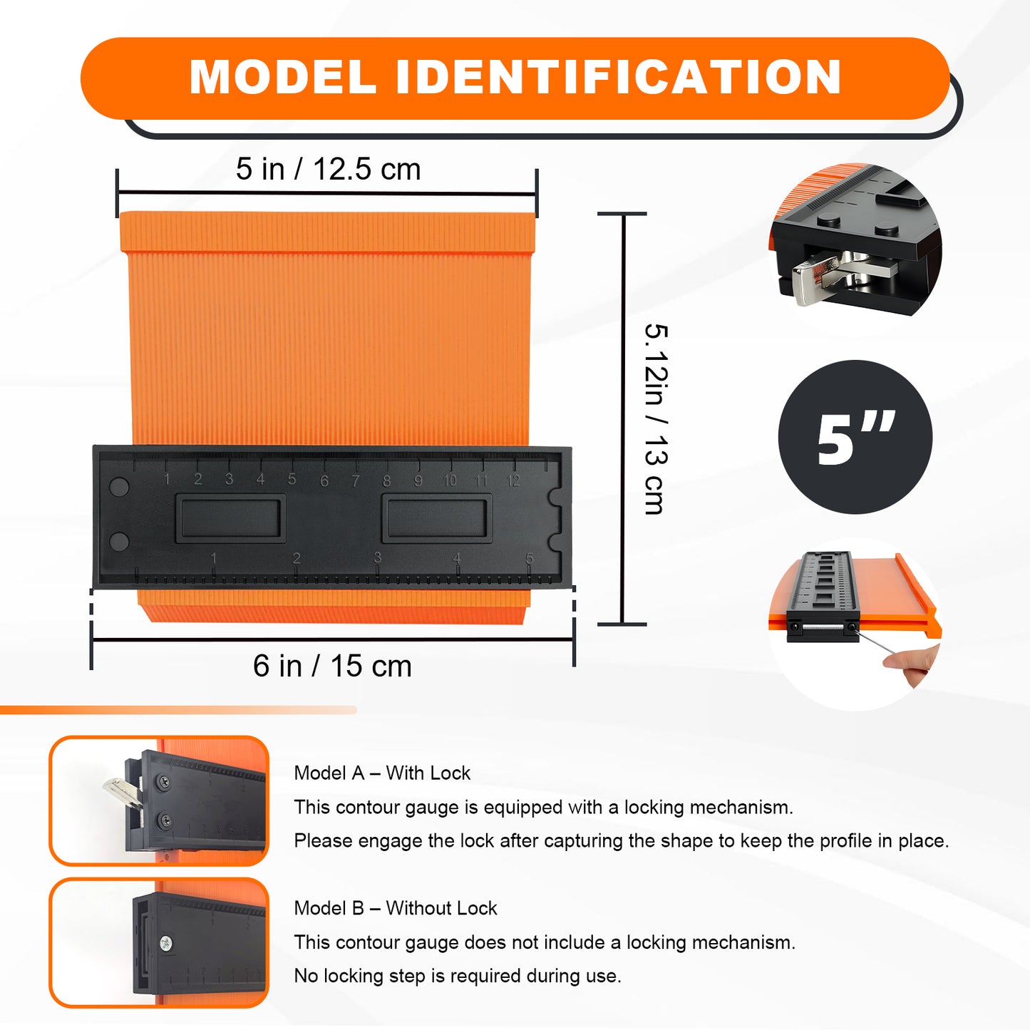 Measurement chart for a contour gauge with dimensions and lock mechanism details.
