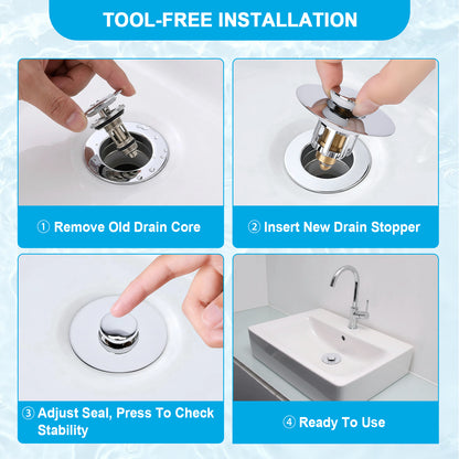 Four-panel installation guide for a sink drain stopper. The panels show hands removing an old drain core, inserting a new chrome drain stopper, adjusting the seal, and the drain ready to use in a bathroom sink.