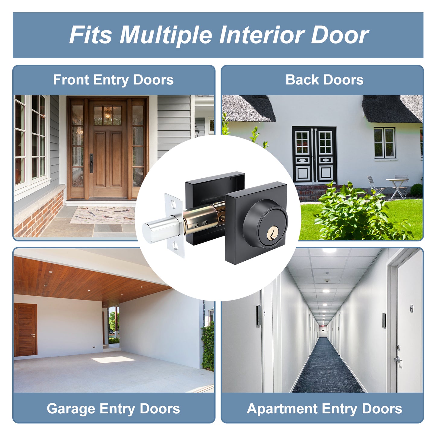 Door lock system suitable for various types of doors including front, back, garage, and apartment entry doors.