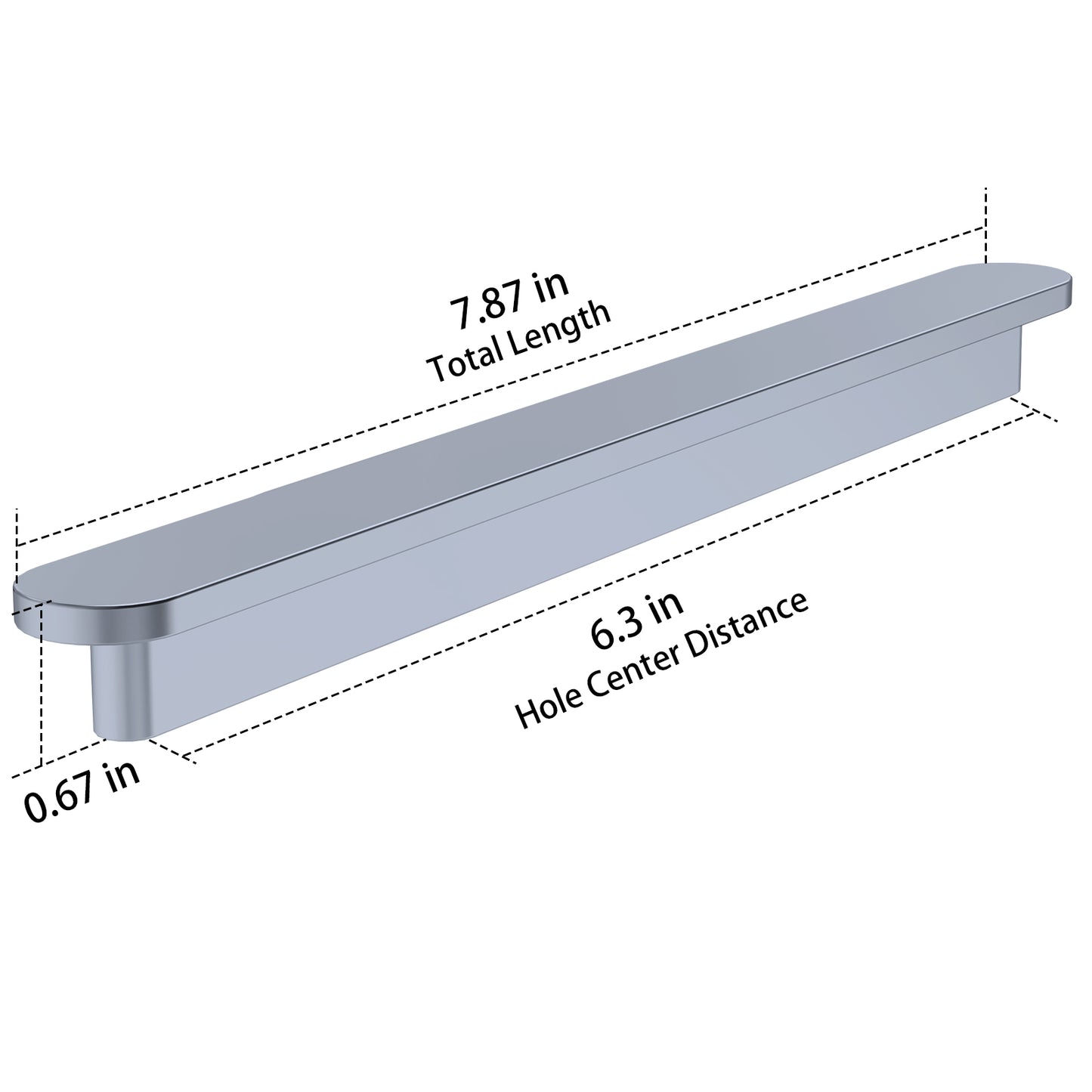 Measurement details of a metallic handle on a white background