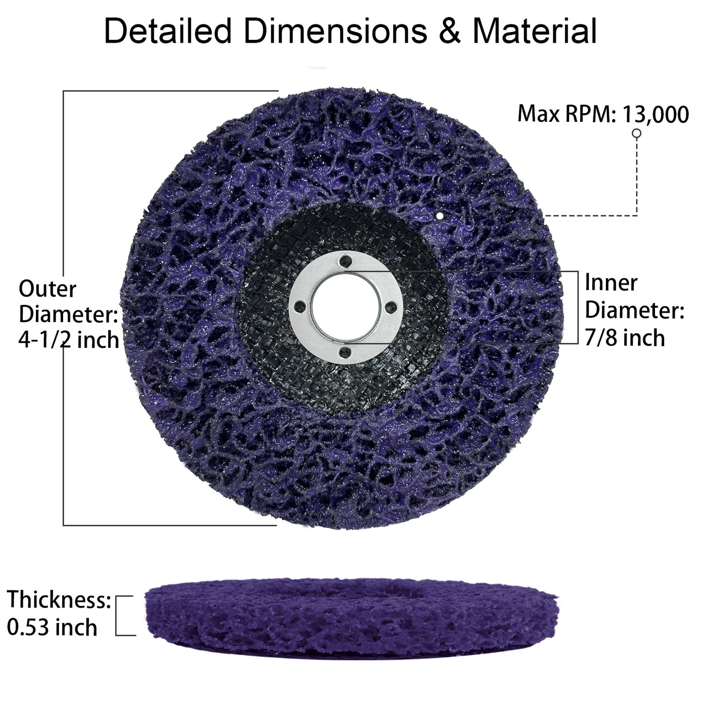 Purple打磨轮 with labeled dimensions and material details on a white background