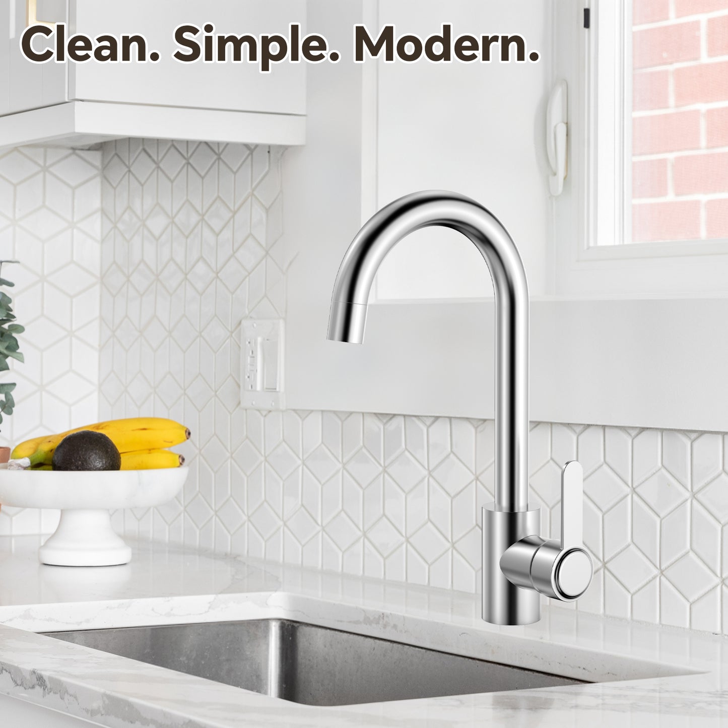 Modern kitchen sink with faucet in a well-lit kitchen setting
