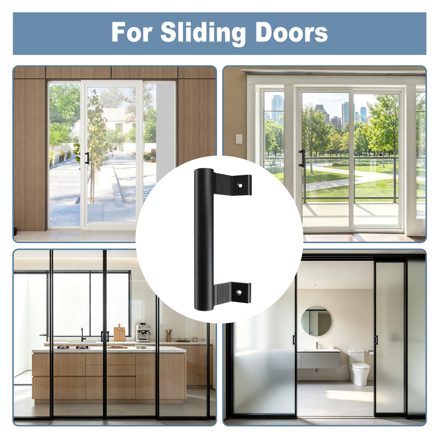 Black metal sliding door handle shown in a circular inset, with four surrounding photos of sliding glass doors in different interior settings and the text 'For Sliding Doors' at the top.