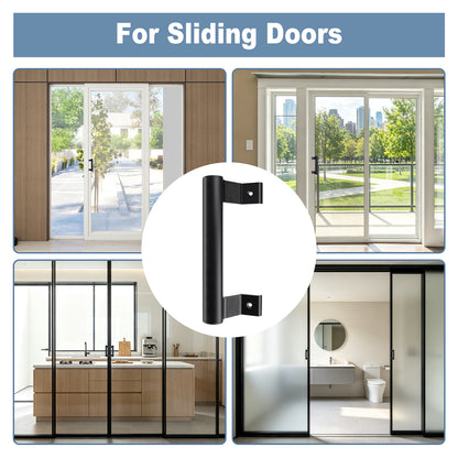 Black metal sliding door handle shown in a circular inset, with four surrounding photos of sliding glass doors in different interior settings and the text 'For Sliding Doors' at the top.