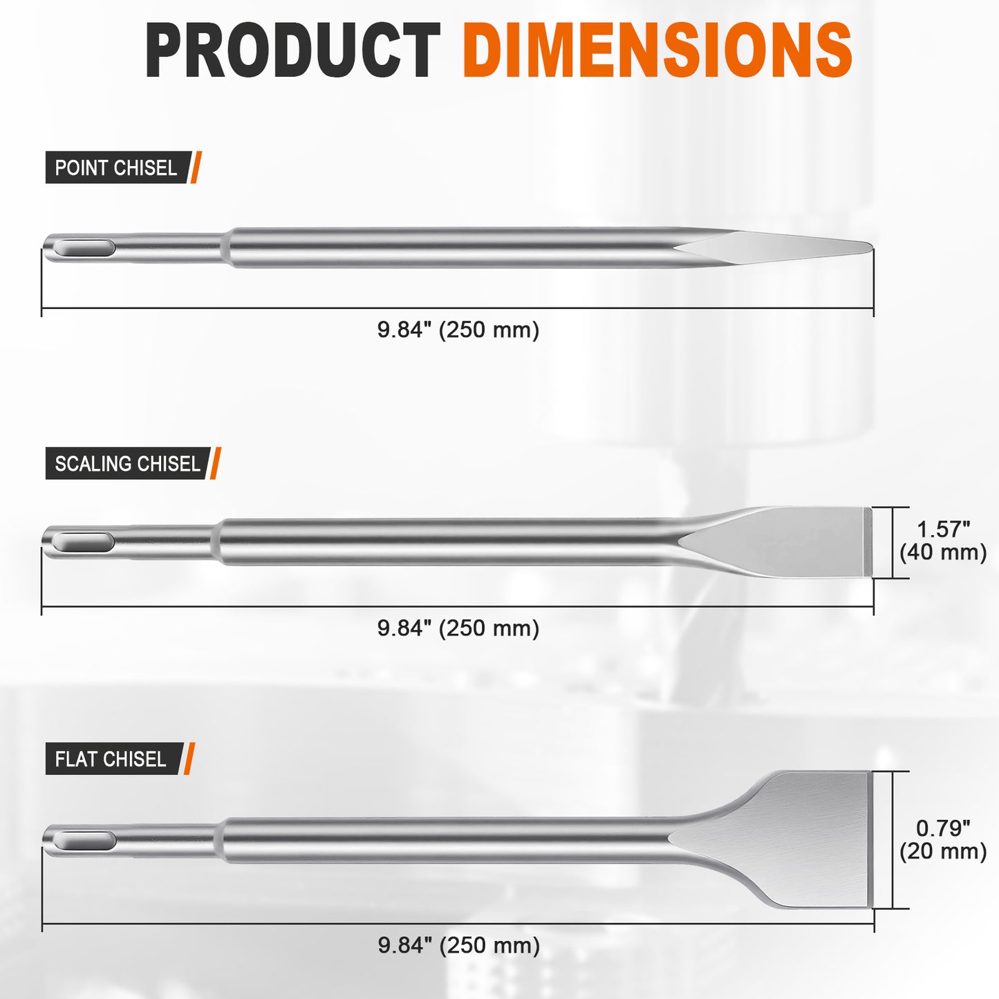 Product dimensions chart showing three metal chisel tools labeled Point Chisel, Scaling Chisel, and Flat Chisel with measured lengths and blade widths on a light background.