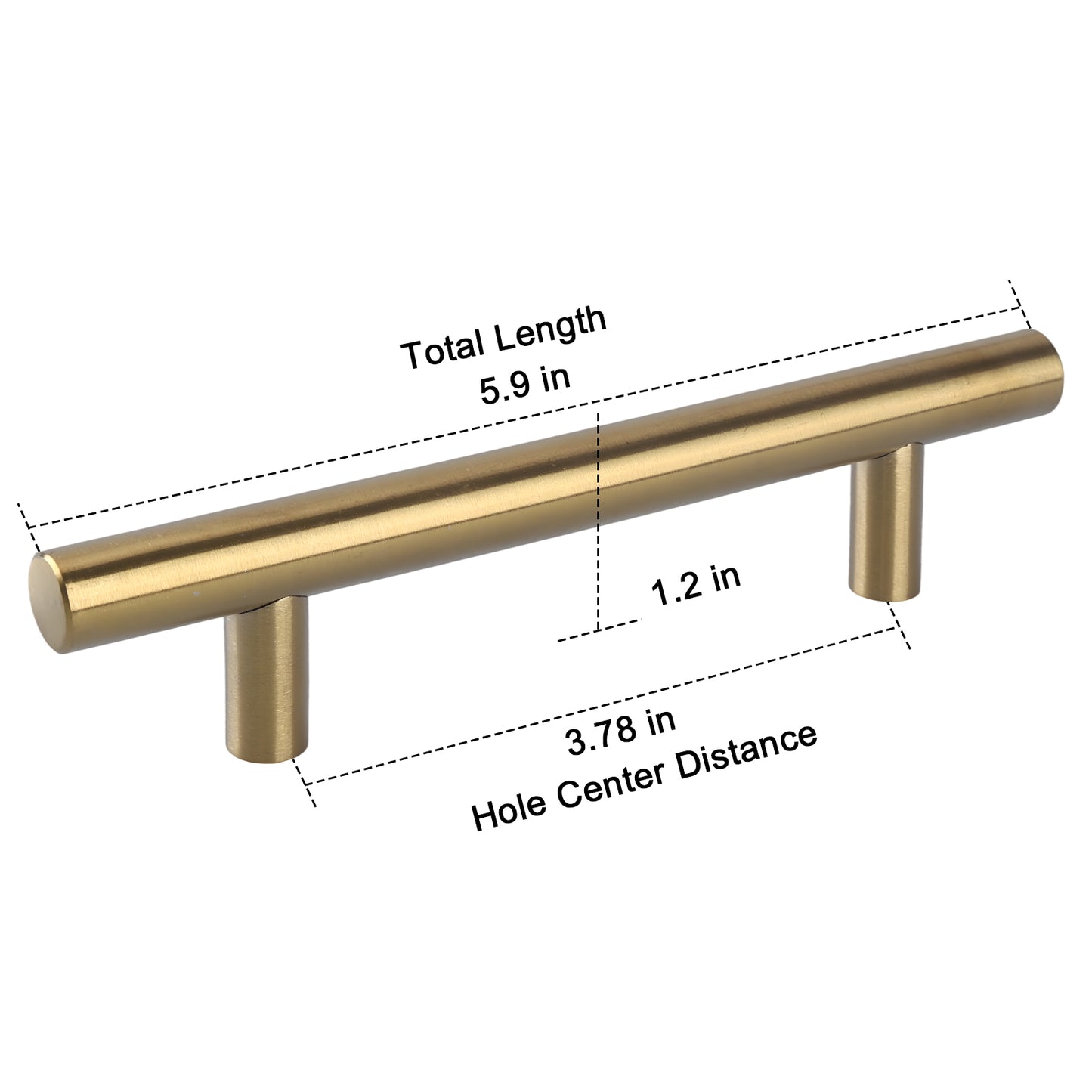 Gold cabinet handle with measurements on a white background