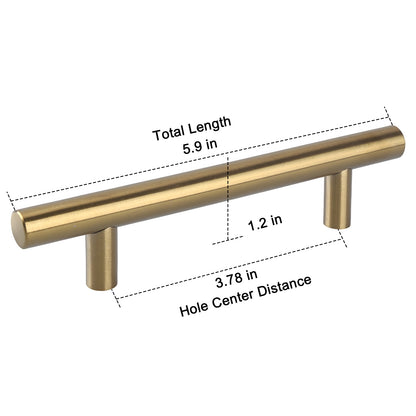 Gold cabinet handle with measurements on a white background