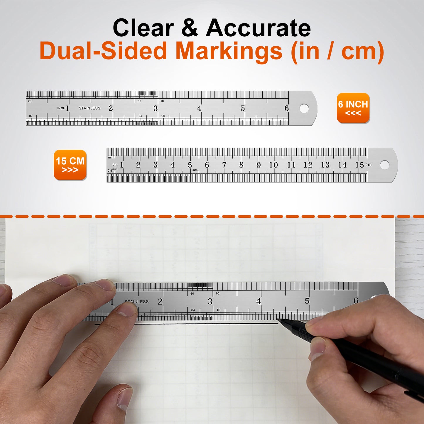 Metal ruler with dual-inch and centimeter markings being used on paper.