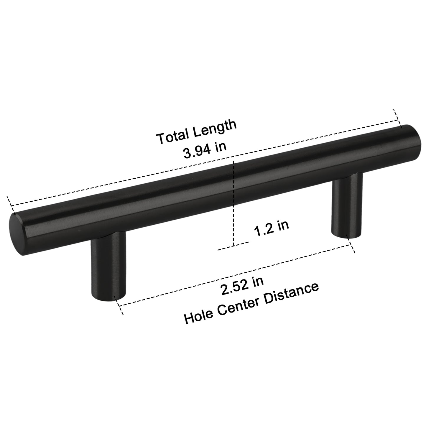 Black cabinet handle with measurements on a white background
