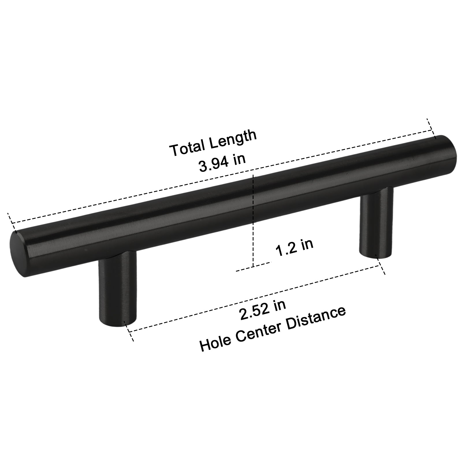 Black cabinet handle with measurements on a white background