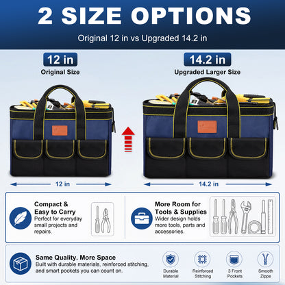 A size comparison infographic for a tool bag, showing the 12 in version on the left and the upgraded 14.2 in version on the right.