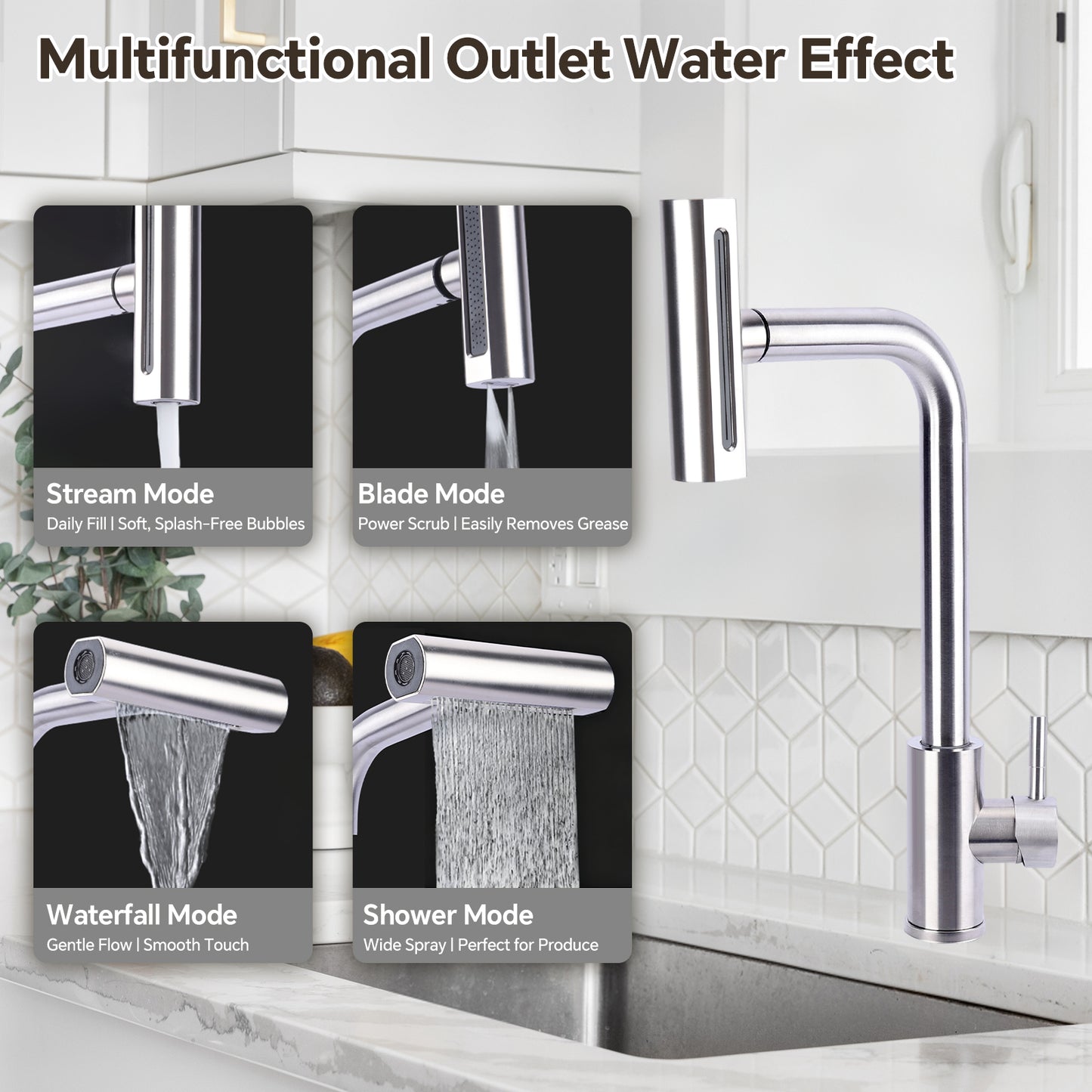 Multifunctional kitchen faucet with various water modes displayed on a tiled wall background.