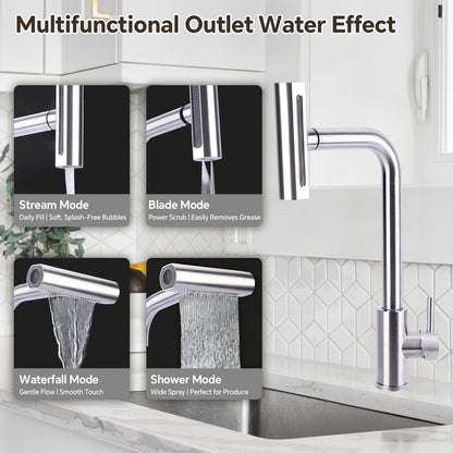 Multifunctional kitchen faucet with various water modes displayed on a tiled wall background.