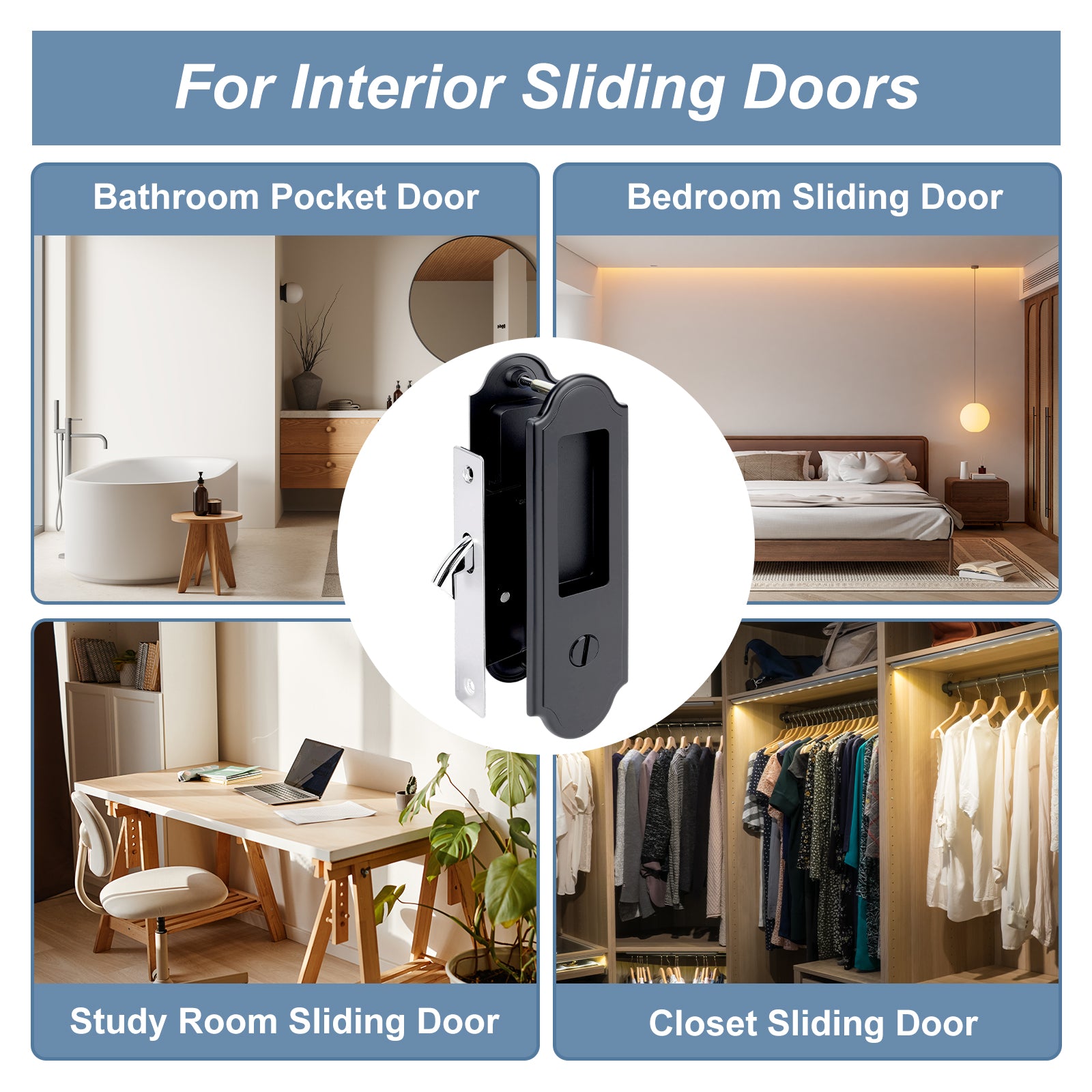 Collage of sliding door applications with a focus on a black sliding door handle.