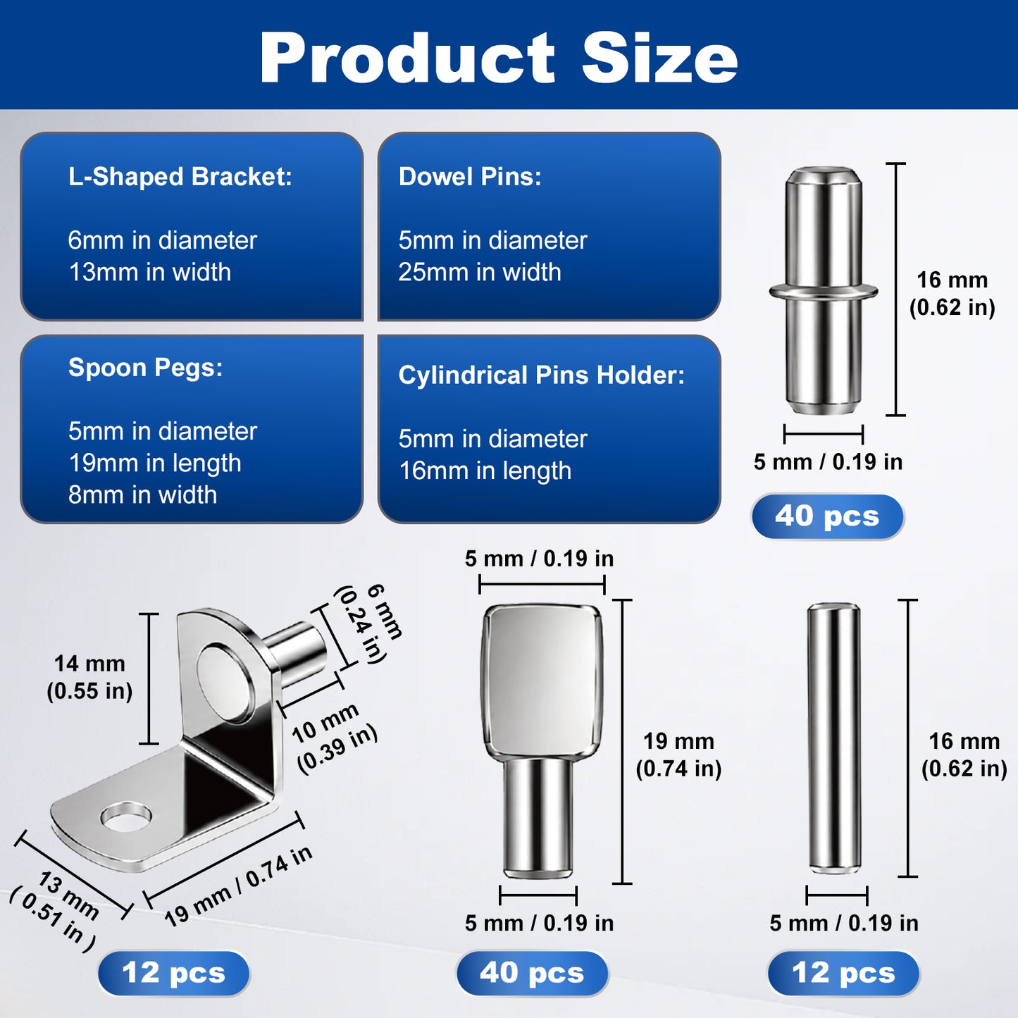 Product size diagram showing dimensions and piece counts for a metal hardware set: an L-shaped bracket, dowel pins, spoon pegs, and cylindrical pins holders, with measurements in millimeters and inches on a blue and white background.
