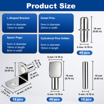Product size diagram showing dimensions and piece counts for a metal hardware set: an L-shaped bracket, dowel pins, spoon pegs, and cylindrical pins holders, with measurements in millimeters and inches on a blue and white background.