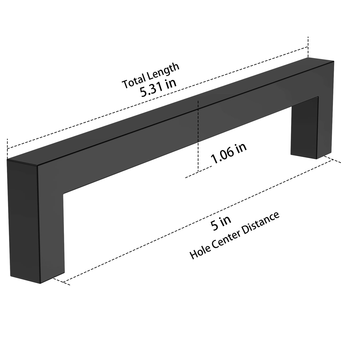 Black cabinet handle with measurements on a white background
