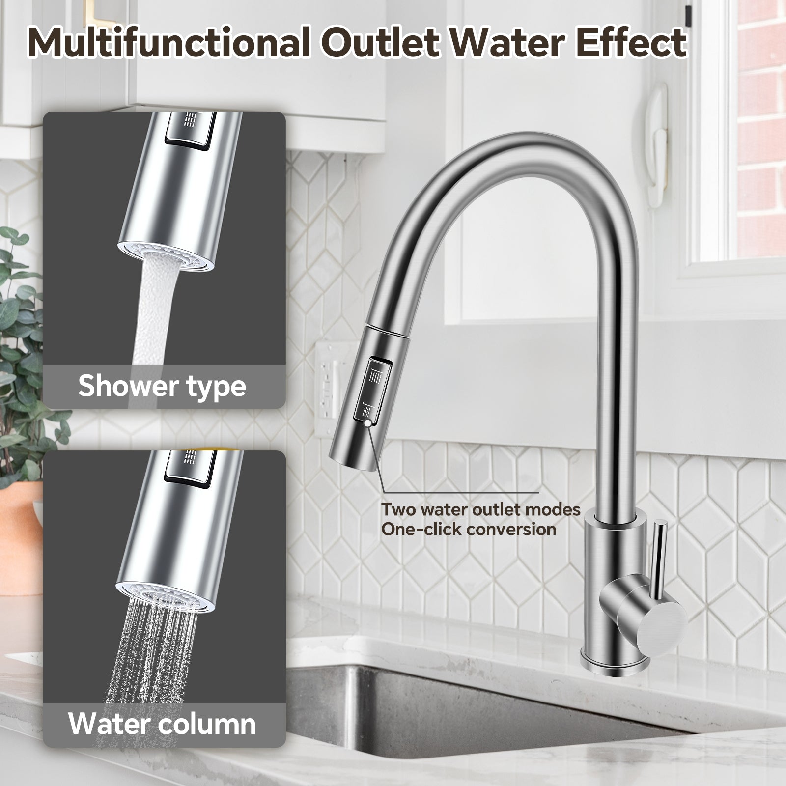 Multifunctional kitchen faucet with showerhead and water column features on a kitchen sink background.