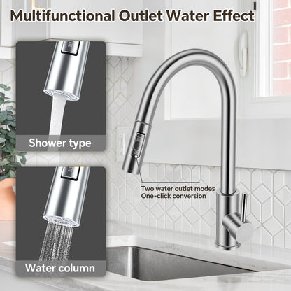 Multifunctional kitchen faucet with showerhead and water column features on a kitchen sink background.