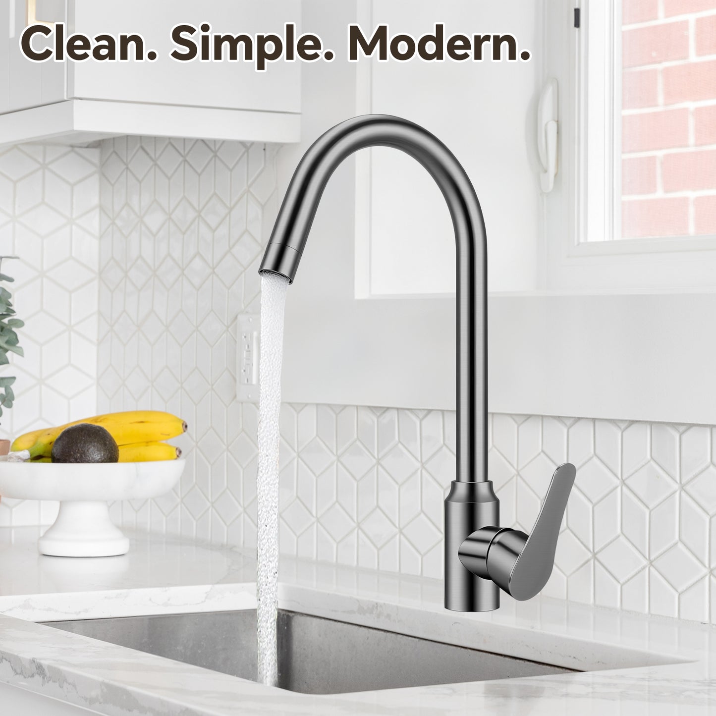 Modern kitchen faucet with water flowing into a sink, set against a tiled wall.