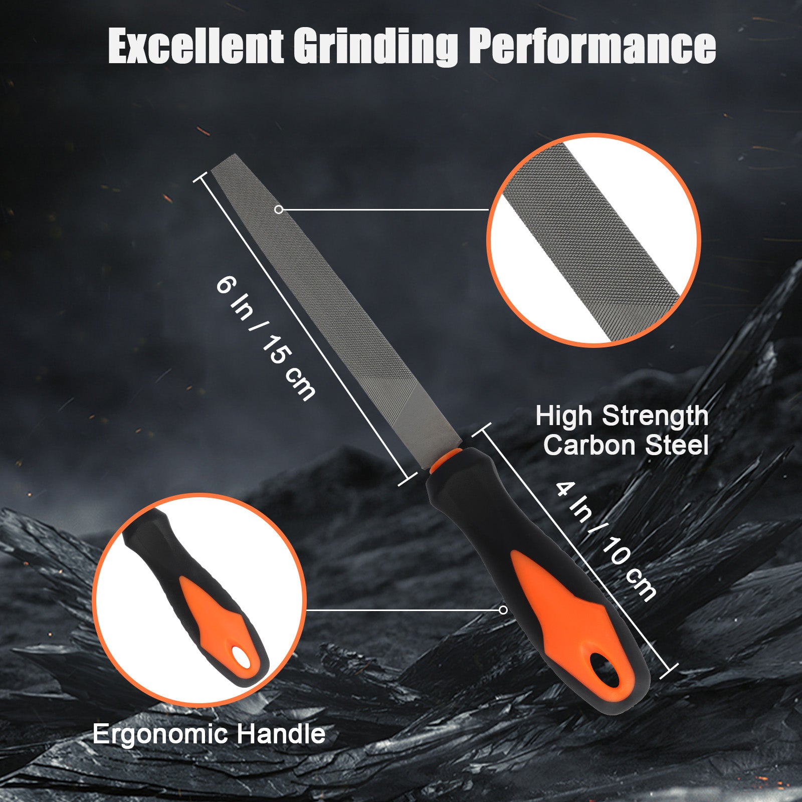 Rasp tool with measurements and features on a dark background