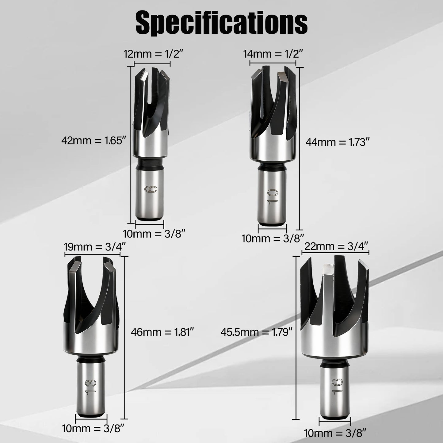Set of drill bits with measurements on a white background
