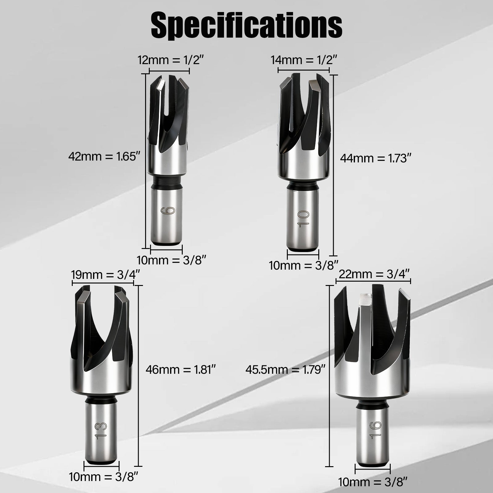 Set of drill bits with measurements on a white background
