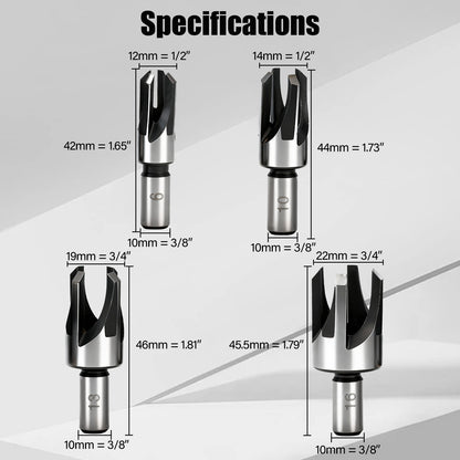Set of drill bits with measurements on a white background