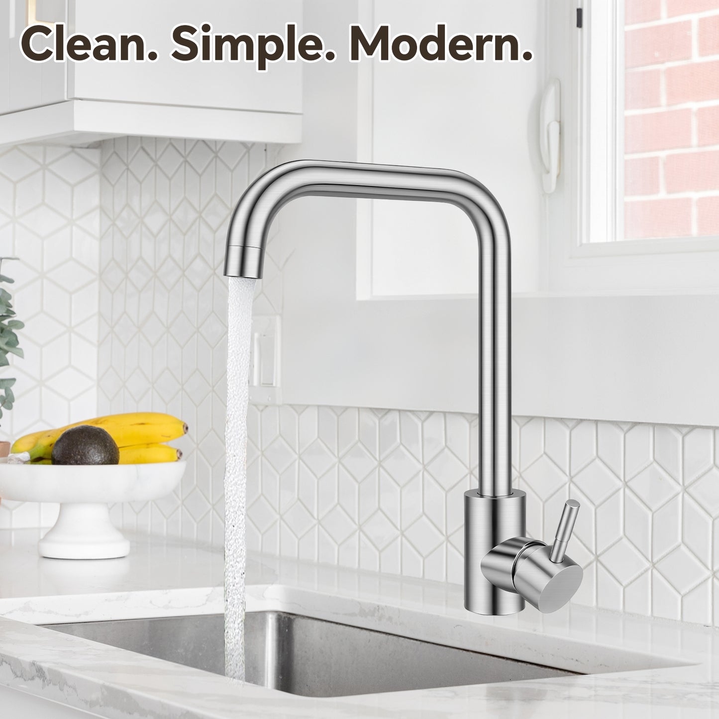 Modern kitchen sink with faucet and 'Clean. Simple. Modern.' text