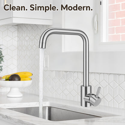 Modern kitchen sink with faucet and 'Clean. Simple. Modern.' text