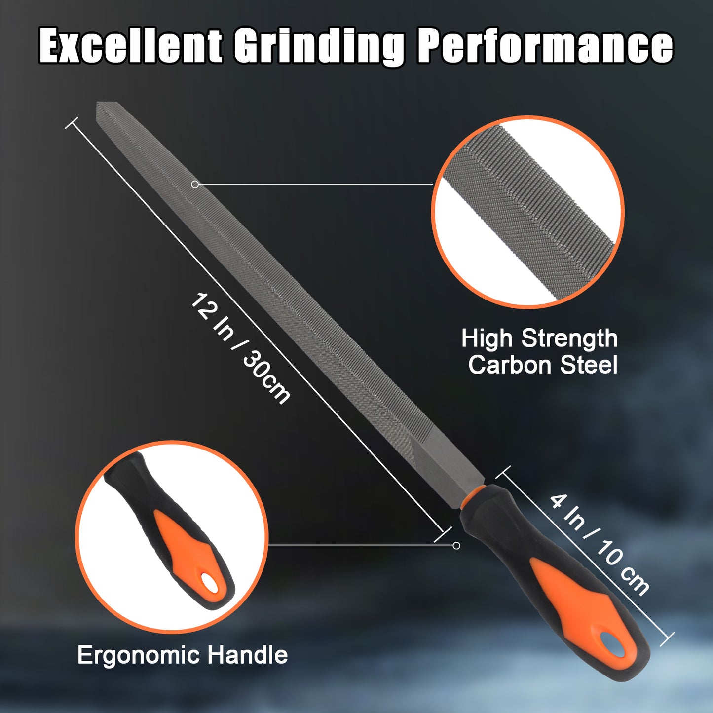 Grinding tool with measurements and details on high strength carbon steel and ergonomic handle.