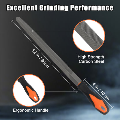 Grinding tool with measurements and details on high strength carbon steel and ergonomic handle.