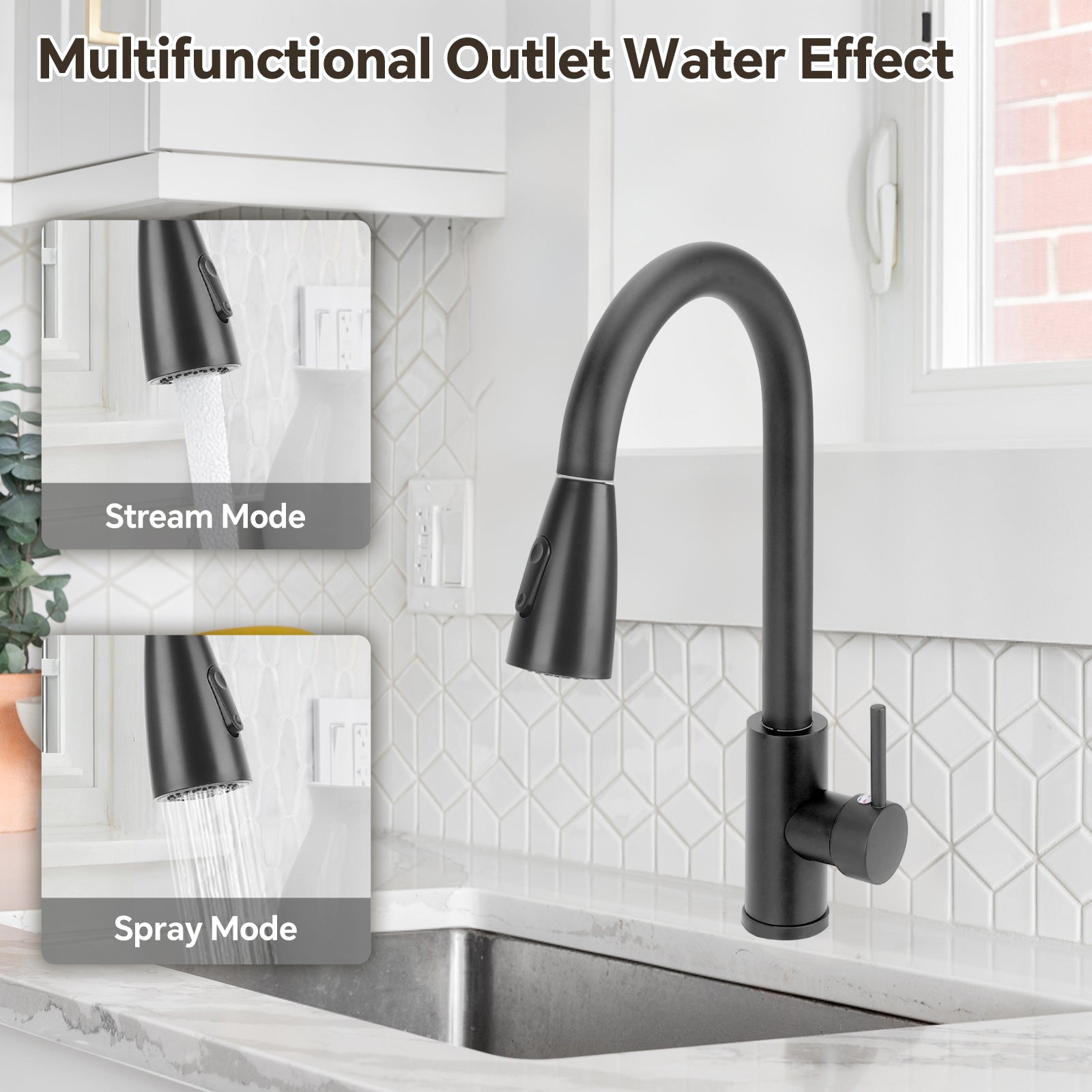 Black kitchen faucet with stream and spray modes displayed on a kitchen sink.