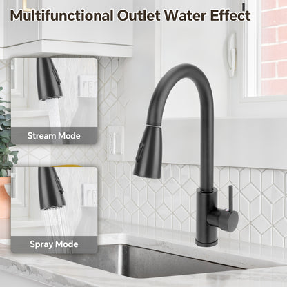 Black kitchen faucet with stream and spray modes displayed on a kitchen sink.