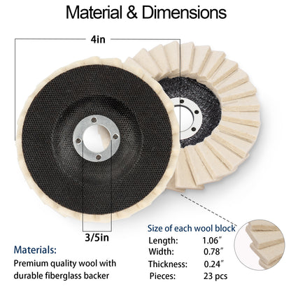 Two buffing wheels with measurements and material details on a white background