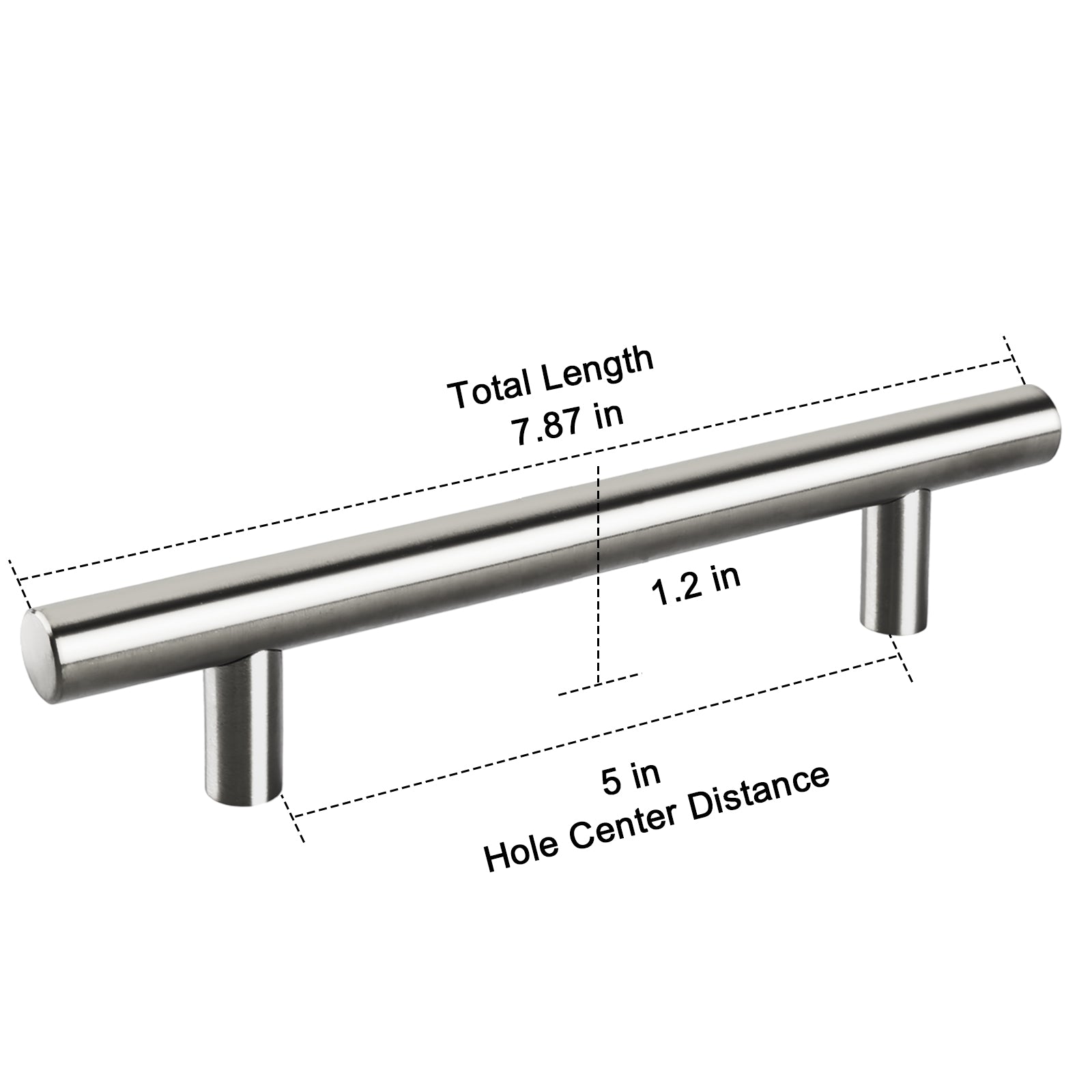 Measurement details of a metallic cabinet handle on a white background