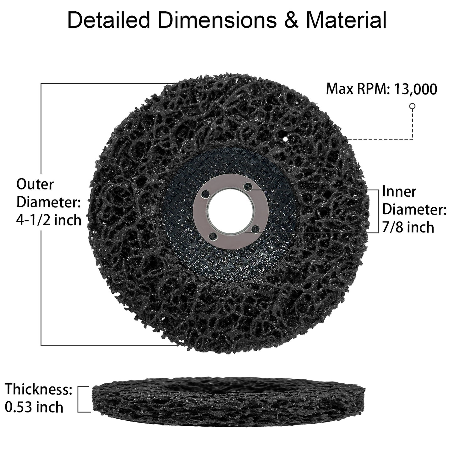 Black abrasive wheel with labeled dimensions and material details on a white background