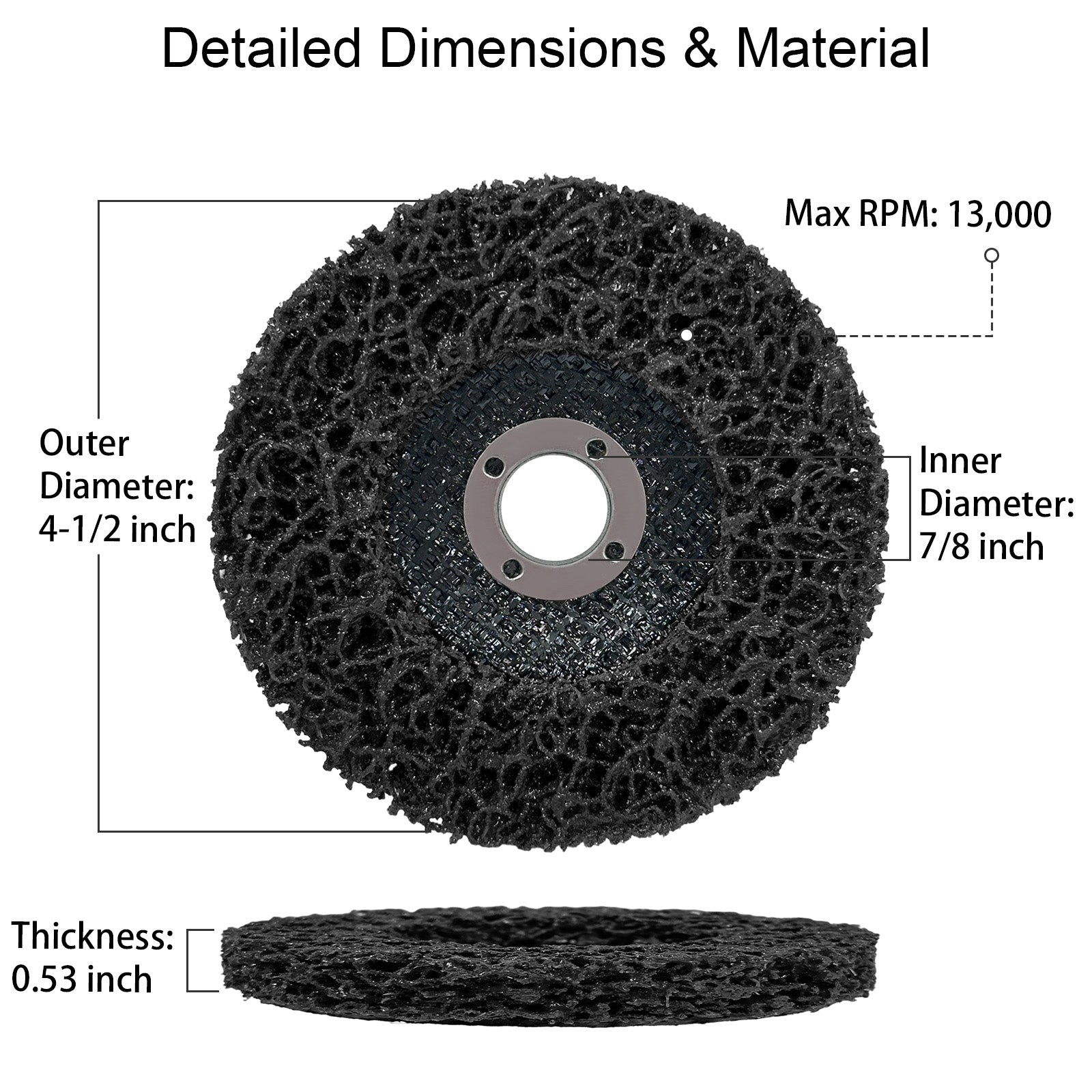 Black abrasive wheel with labeled dimensions and material details on a white background