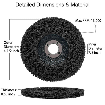 Black abrasive wheel with labeled dimensions and material details on a white background