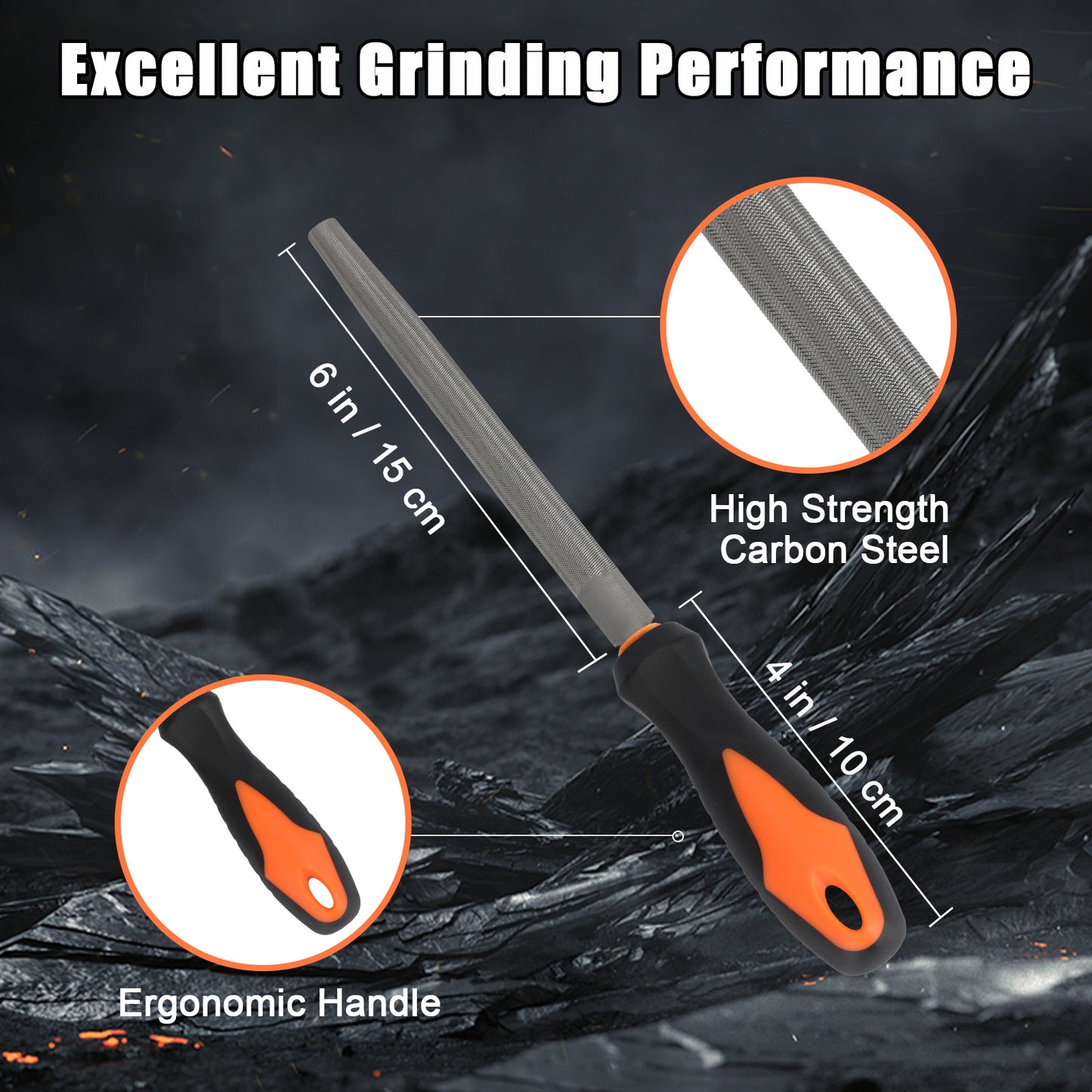 Half-Round File, High Carbon Steel with Ergonomic Rubber Handle for Wood, Metal & Plastic
