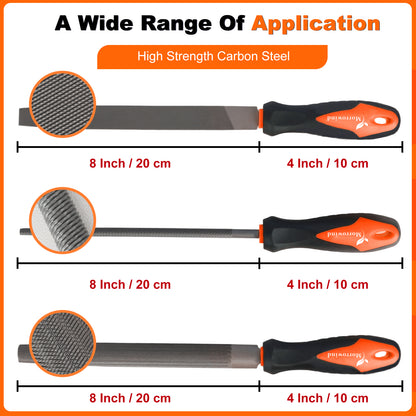Three metal files with orange and black handles on an orange background, labeled for size and material.