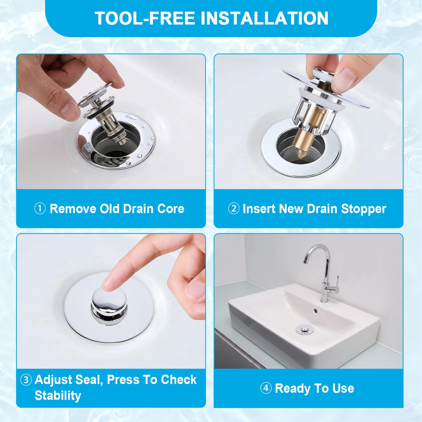 Four-panel instructional graphic for installing a sink drain stopper. The top header reads 'TOOL-FREE INSTALLATION.
